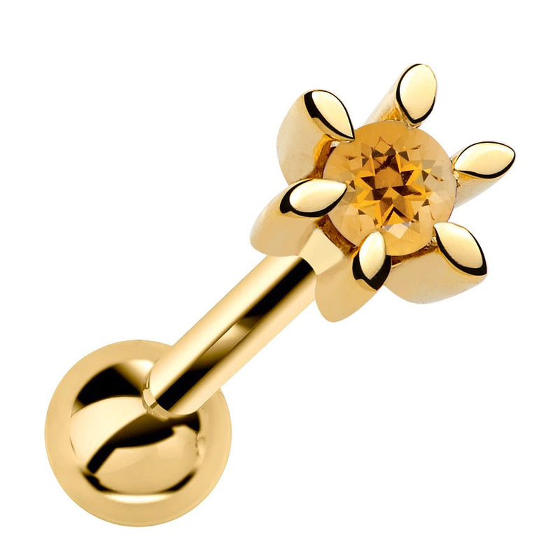 14k yellow gold petite flower cartilage stud with warm citrine gemstone, front view
