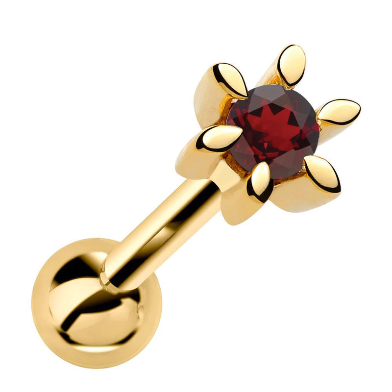 14k yellow gold petite flower cartilage stud with deep red garnet gemstone, front view