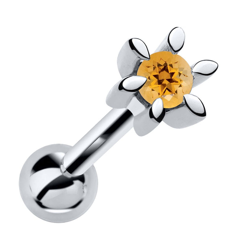 14k white gold petite flower cartilage earring with citrine gemstone, front view
