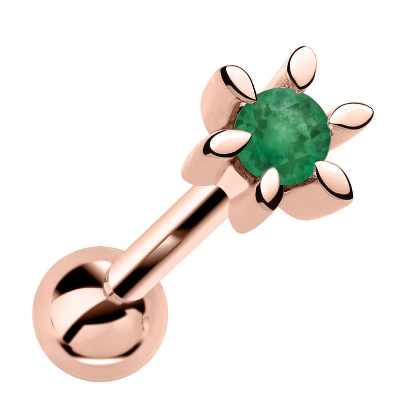 14k rose gold petite flower cartilage earring with genuine emerald gemstone, front view