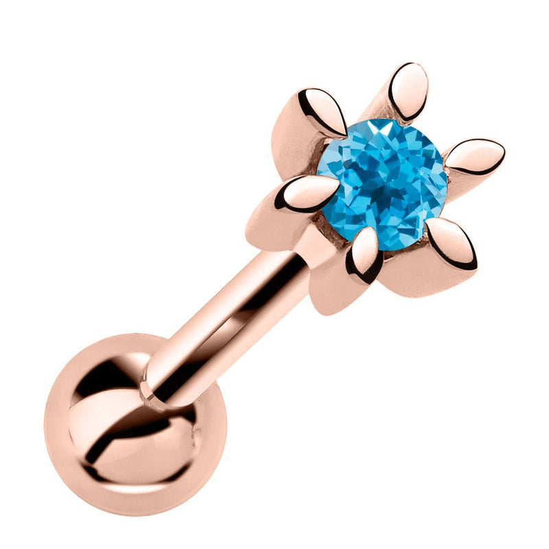 14k rose gold petite flower cartilage earring with blue topaz gemstone, front view