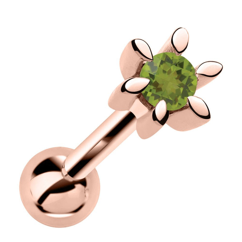 14k rose gold flower cartilage stud with green peridot gemstone, front view