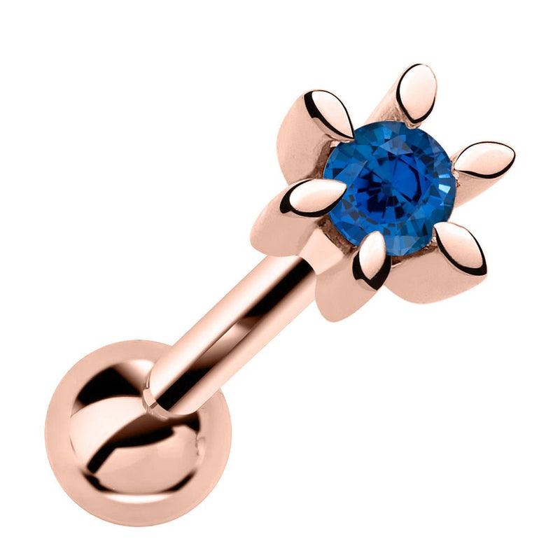 14k rose gold petite flower cartilage earring with genuine sapphire gemstone, front view