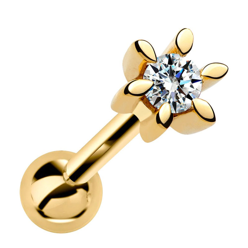 14k yellow gold diamond flower cartilage stud, front view showing six petal setting and sparkling diamond
