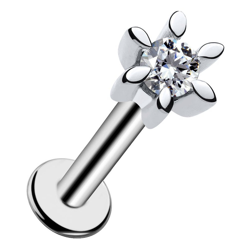 14k white gold diamond flower flat back labret stud, angled view showing petal setting and post