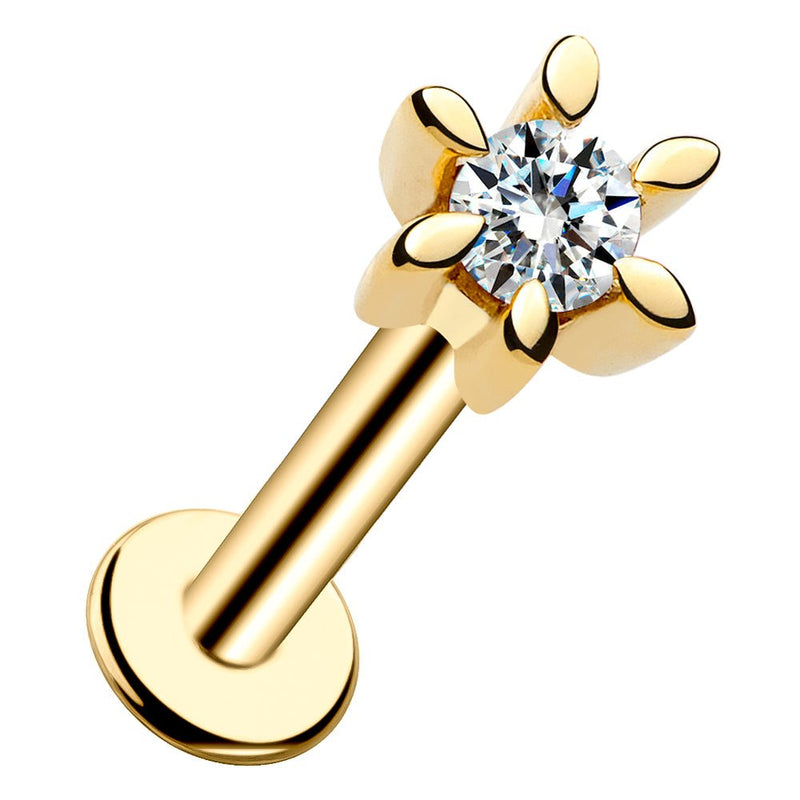 14k yellow gold diamond flower flat back labret stud, angled front view showing 6-petal setting
