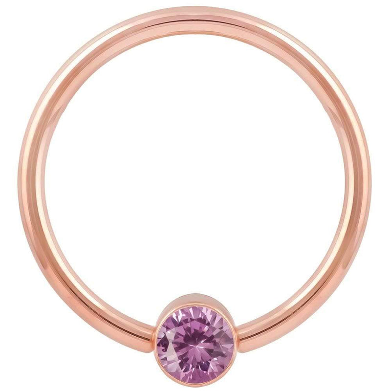 14k rose gold fixed bead ring with light pink CZ bezel bead, smaller gauge front view