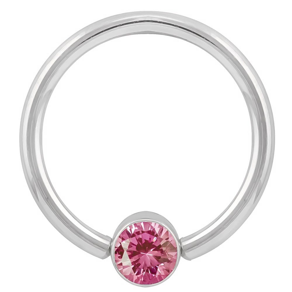 Pink Cubic Zirconia Round Bezel 14k Gold Captive Bead Ring-14K White Gold   12G (2.0mm)   3 4" (19mm)
