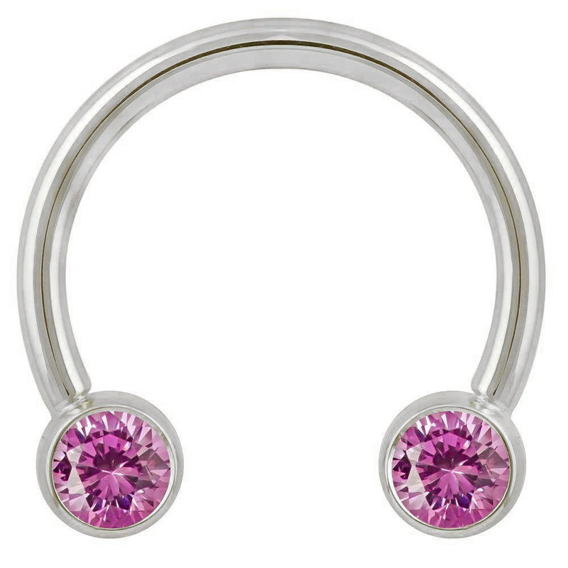 14k white gold circular barbell with pink cubic zirconia bezel ends, front view on white background