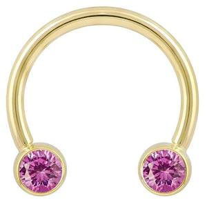 14k yellow gold circular barbell with dual pink CZ bezel ends, front view on white background