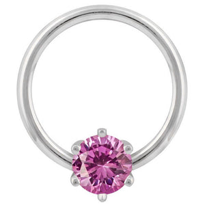 14k white gold piercing hoop with pink cubic zirconia round prong setting, front view