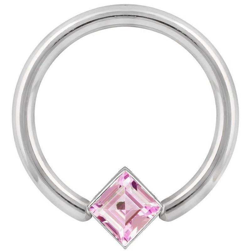 14k white gold fixed bead ring with large pink princess-cut CZ bezel, close-up front view