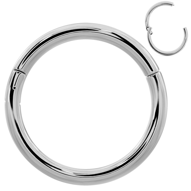 Platinum clicker ring hoop front view with inset showing open clicker position for easy insertion