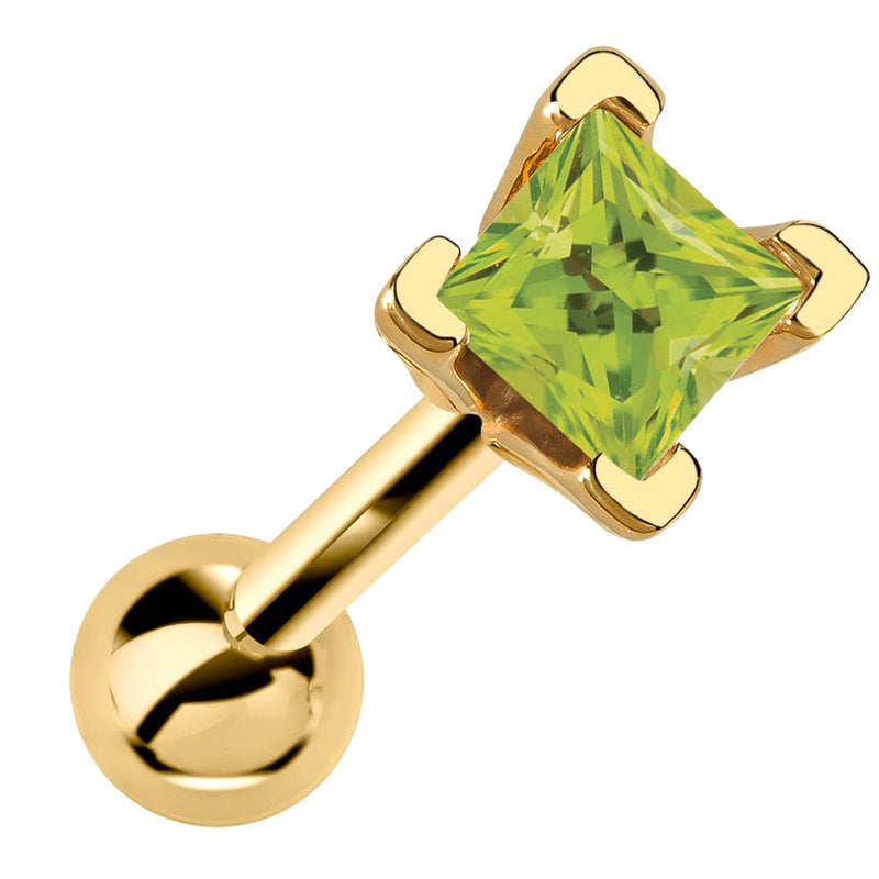 14k yellow gold cartilage stud with princess cut light green peridot birthstone in V-prong setting