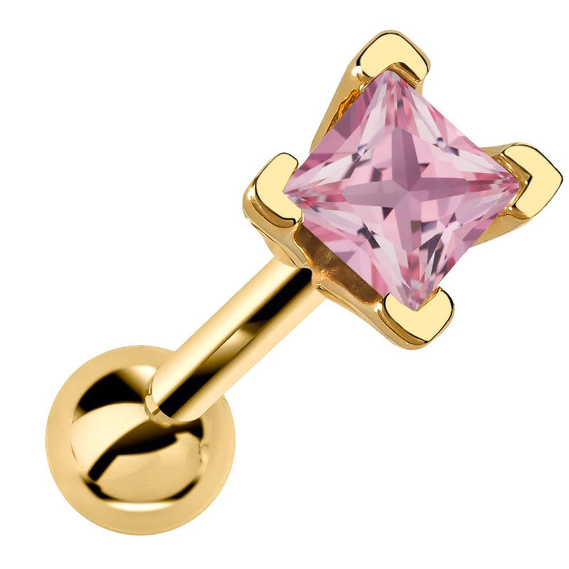 14k yellow gold cartilage stud with princess cut pink tourmaline birthstone in V-prong setting