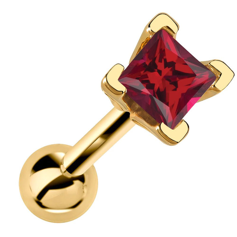 14k yellow gold cartilage barbell with princess cut deep red ruby gemstone in V-prong setting