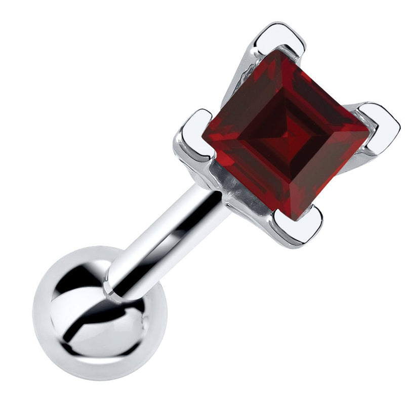 14k white gold cartilage barbell with princess cut deep red garnet gemstone in V-prong setting