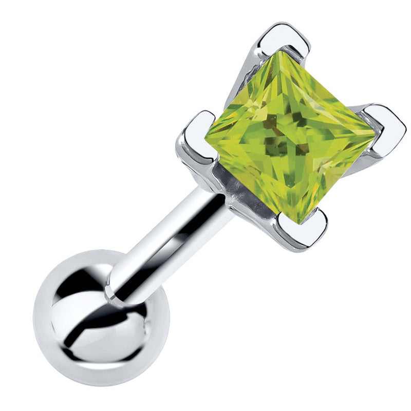 14k white gold cartilage stud with princess cut light green peridot birthstone in V-prong setting