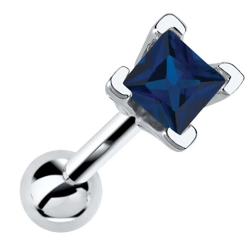 14k white gold cartilage barbell with princess cut dark blue sapphire gemstone in V-prong setting