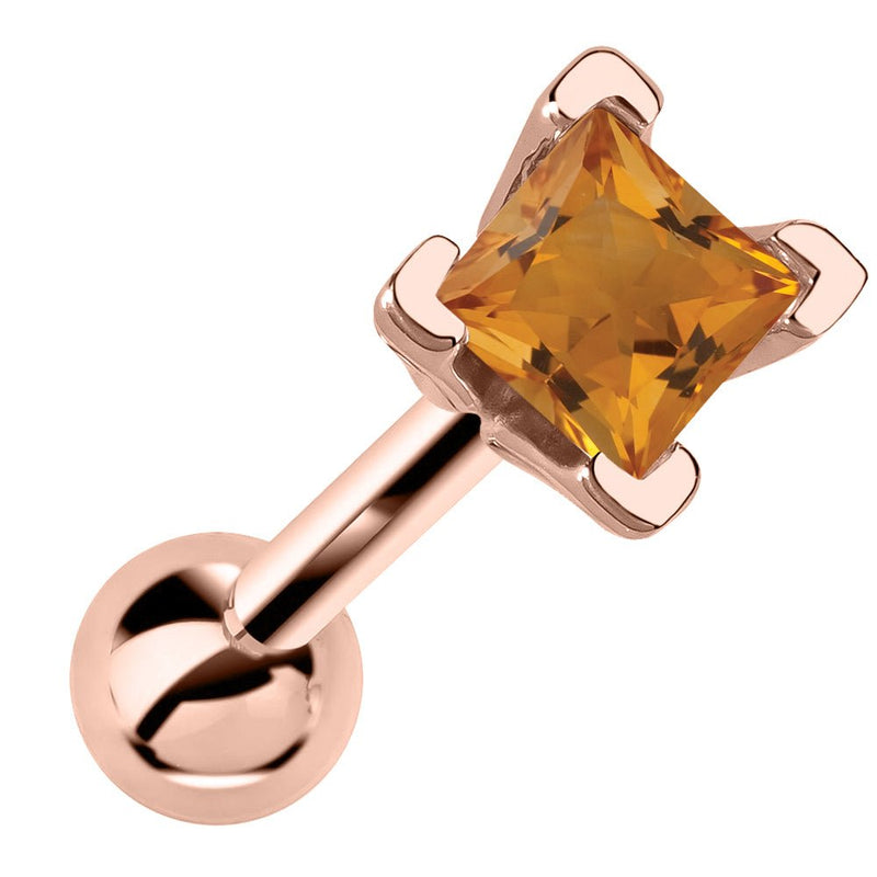 14k rose gold cartilage barbell with princess cut orange citrine gemstone in V-prong setting
