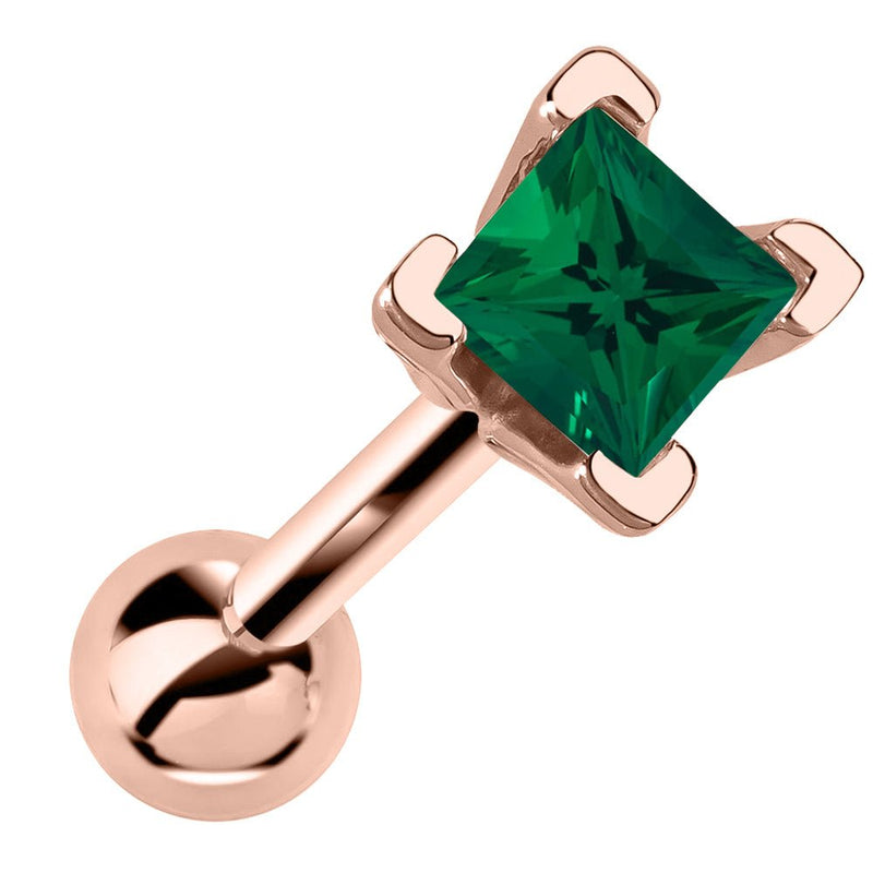 14k rose gold cartilage stud with princess cut deep green emerald birthstone in V-prong setting