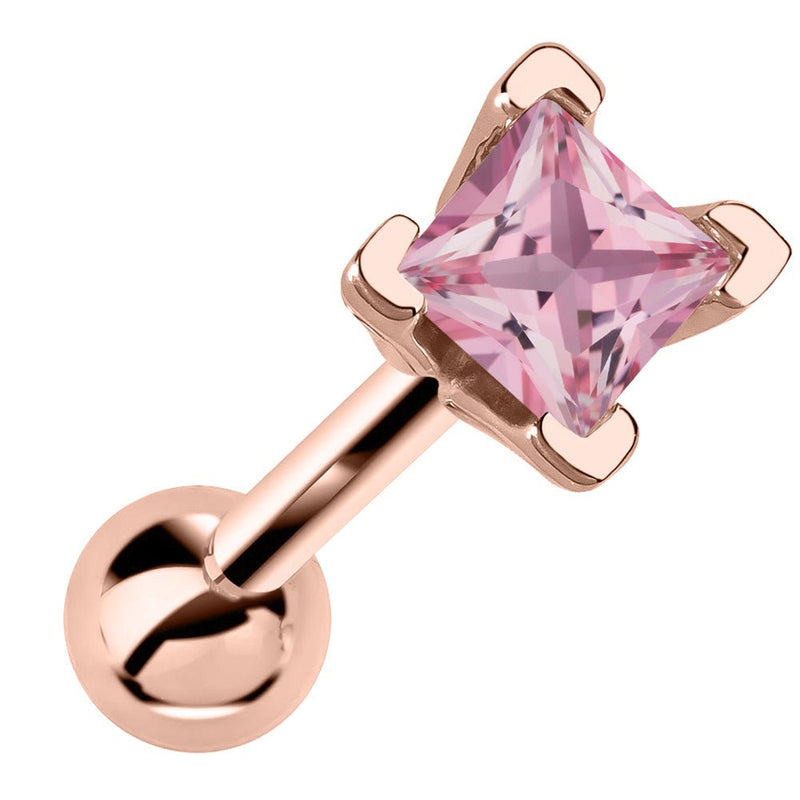 14k rose gold cartilage stud with princess cut pink tourmaline birthstone in V-prong setting