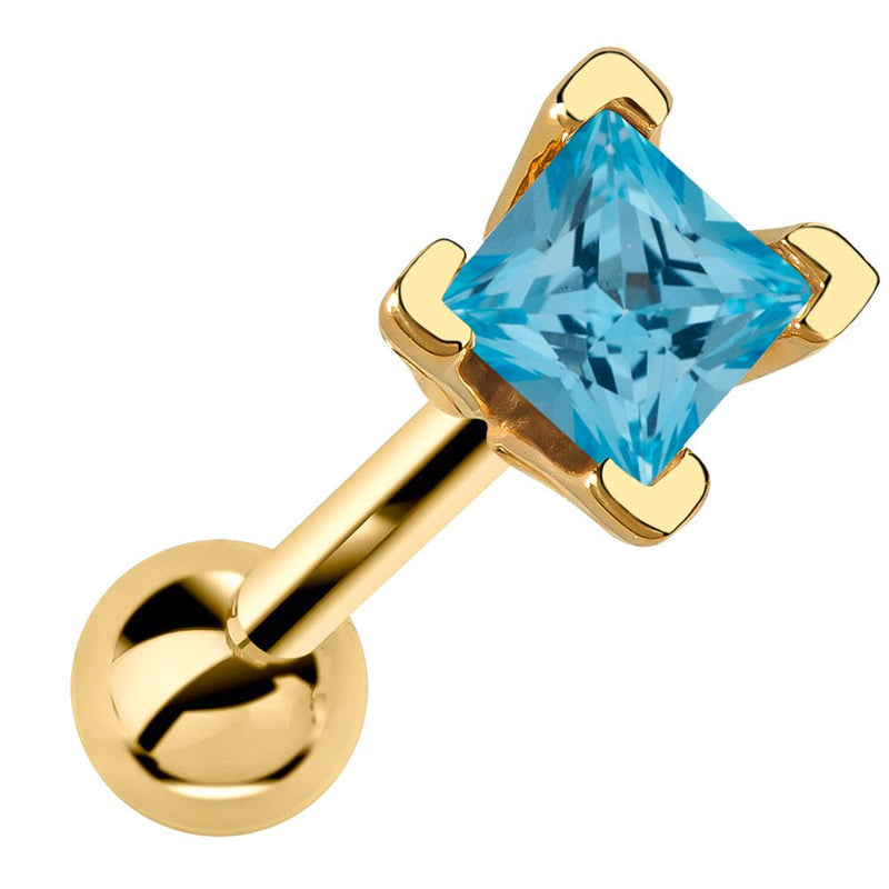 14k yellow gold cartilage barbell with princess cut blue aquamarine gemstone in V-prong setting