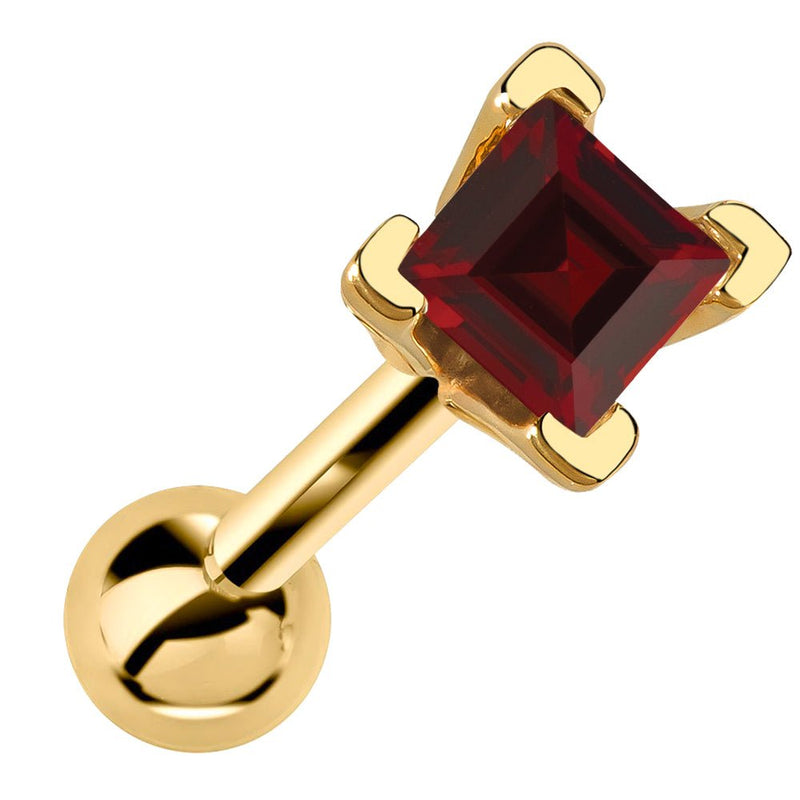 14k yellow gold cartilage barbell with princess cut deep red garnet gemstone in V-prong setting
