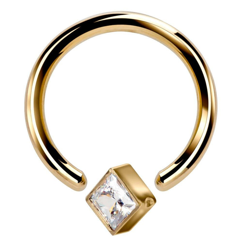 14k yellow gold fixed bead ring with clear princess-cut CZ, angled view showing open bead ends