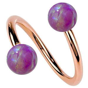 14k rose gold twister spiral barbell with dual purple opal balls, front view