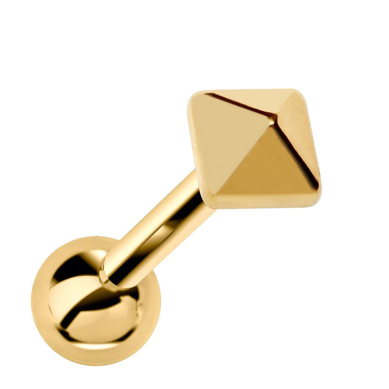 14k yellow gold pyramid charm cartilage stud earring, angled product view showing geometric faceted top