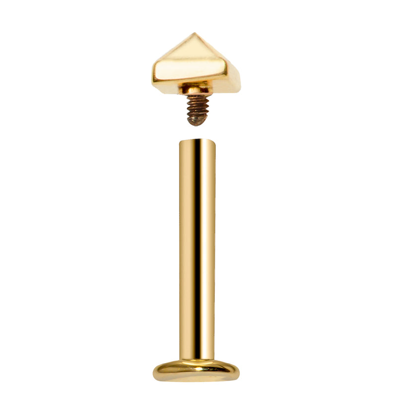 14k yellow gold pyramid labret stud disassembled showing threaded pyramid top separated from flat-back post