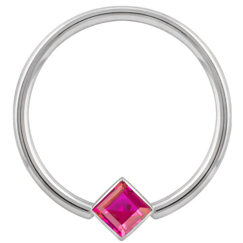 14k white gold fixed bead ring with red princess-cut CZ in corner-mount bezel, front view