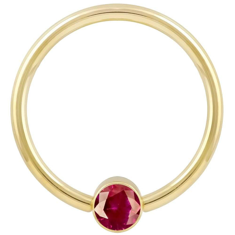 14k yellow gold red CZ bezel fixed bead ring, straight-on front view highlighting polished band