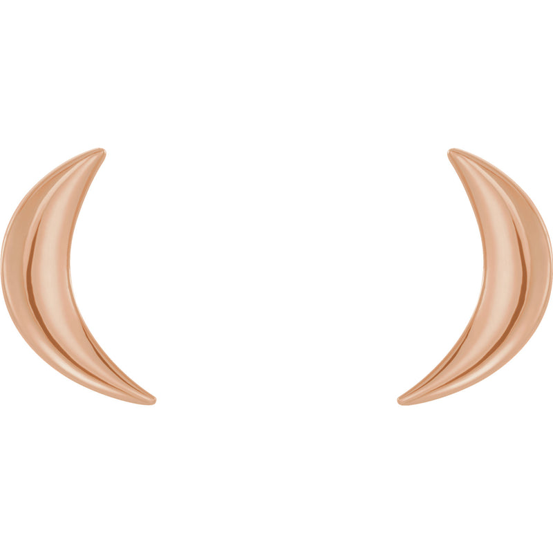 14k rose gold crescent moon stud earrings, front view of pair showing warm-toned polished finish