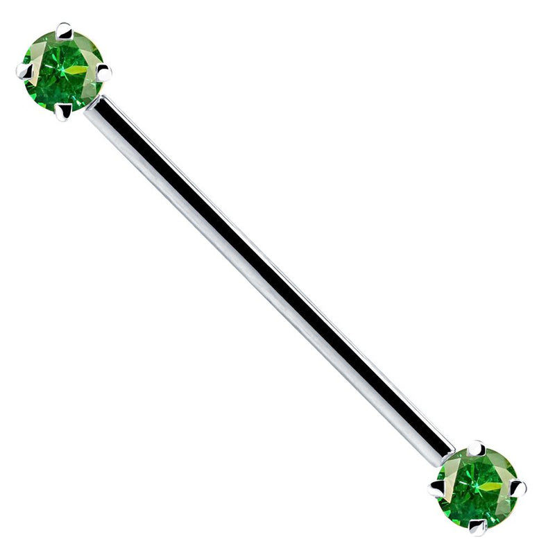 14k white gold industrial barbell with green round-cut CZ prong settings, front view