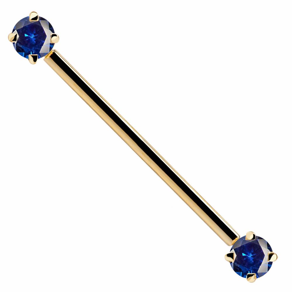 Blue Round Gem 14k Gold Industrial Piercing Barbell-14k Yellow Gold   16G (1.2mm)   1 9 16" (40mm)