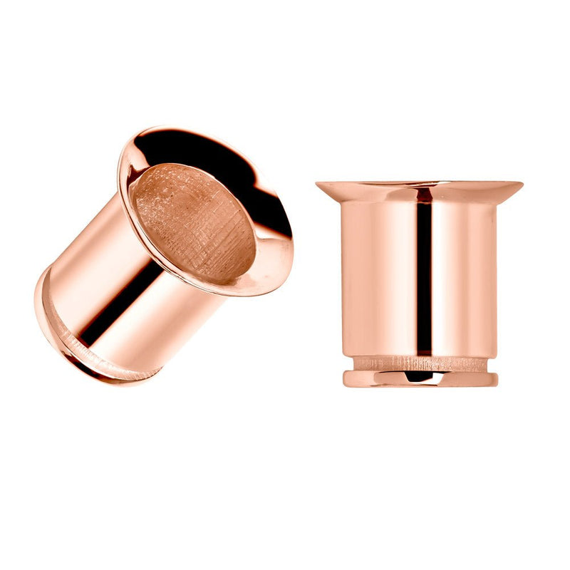 14k rose gold single flare tunnel plugs pair showing warm blush tone and flared opening