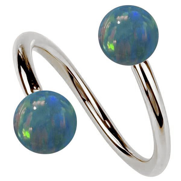 14k white gold twister spiral barbell with dual teal simulated opal balls, front view