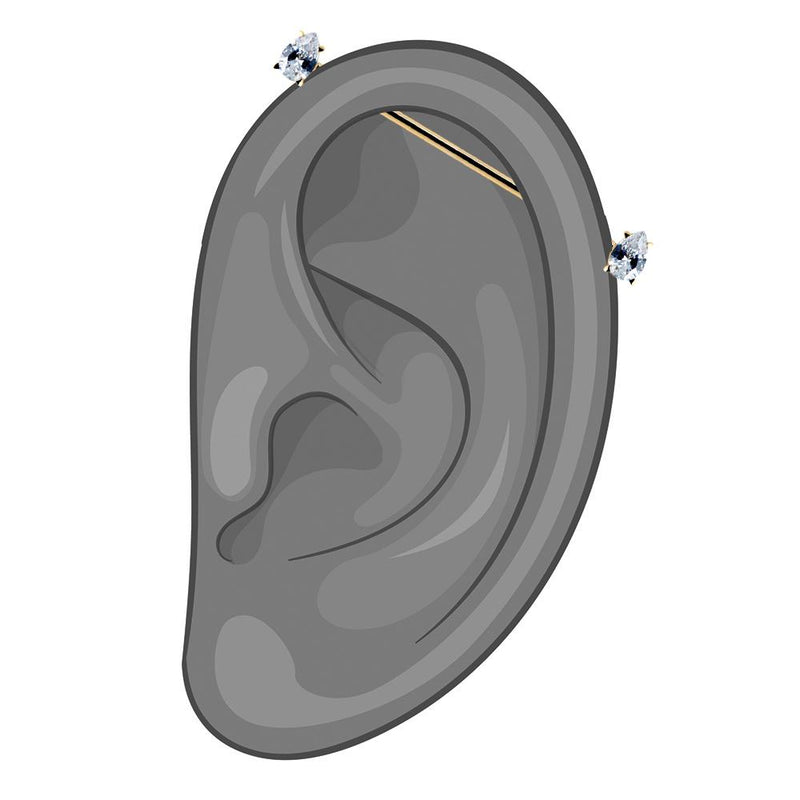 Illustration of clear teardrop CZ 14k gold industrial barbell worn through cartilage ear piercing