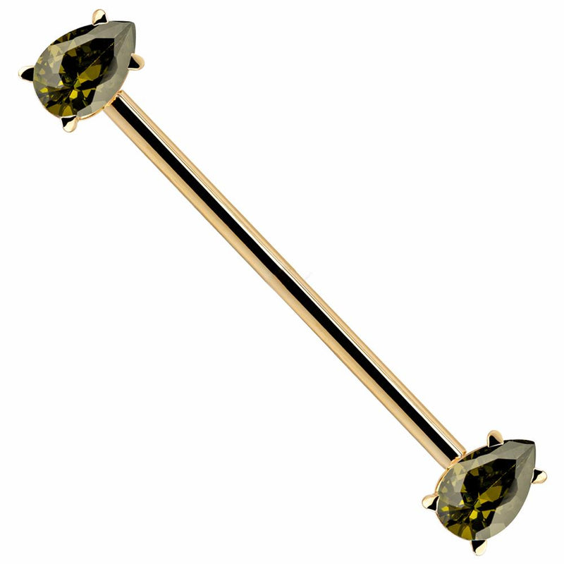 14k yellow gold industrial barbell with two pear-cut light green CZ gems in prong settings, diagonal view