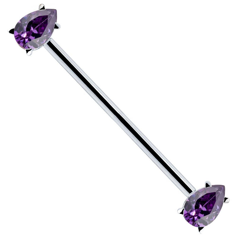 14k white gold industrial piercing barbell with purple teardrop CZ gems in prong settings, full view