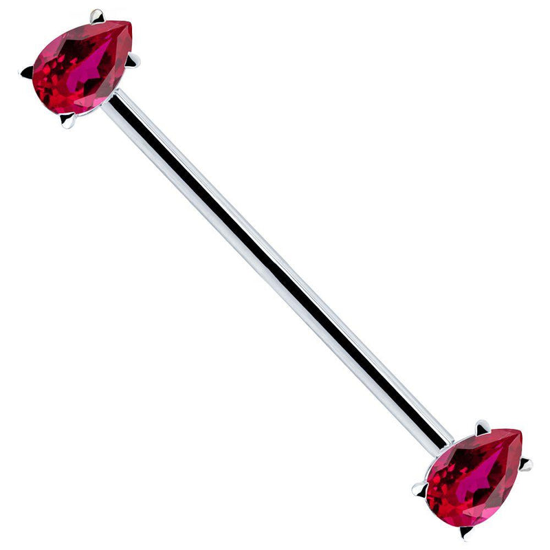 14k white gold industrial barbell with red teardrop CZ gems in prong settings, angled view