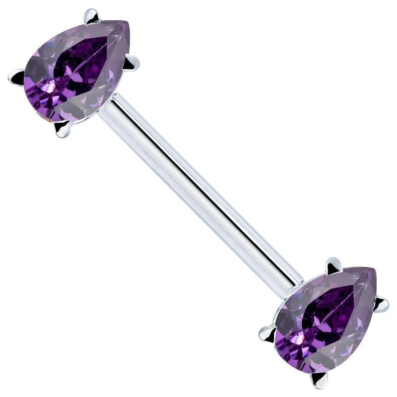 14k white gold straight barbell with dual purple pear-cut CZ teardrop ends in prong settings, angled view