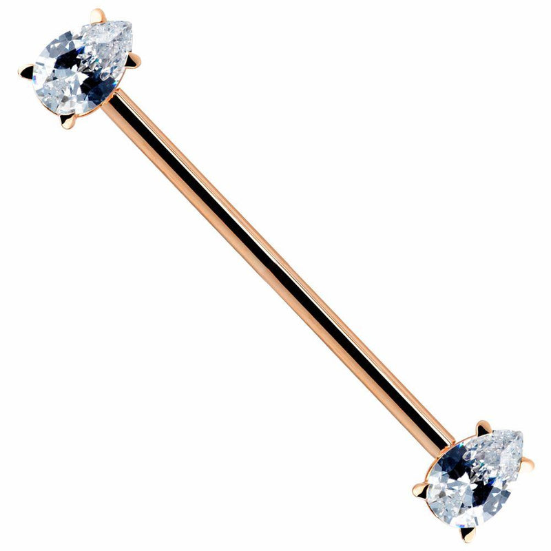 14k rose gold industrial barbell with dual clear teardrop cubic zirconia ends, full-length diagonal view