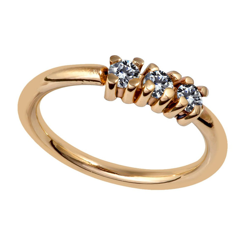 14k yellow gold three-diamond side-set seam ring, angled view showing prong detail