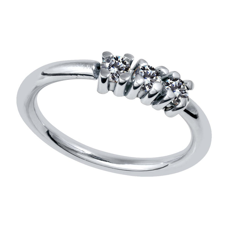 950 platinum three-diamond side-set seam ring hoop, angled view showing prong setting
