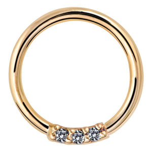 14K yellow gold seam ring with three front-facing VS1 diamonds, front view on white background