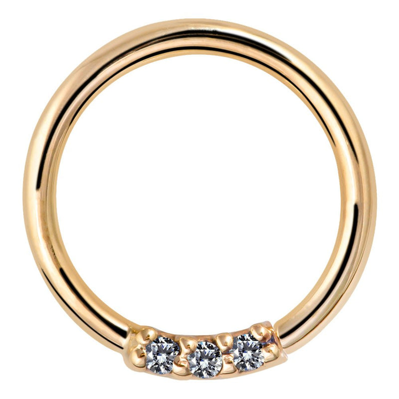 14K yellow gold seam ring with three front-facing VS1 diamonds, front view on white background