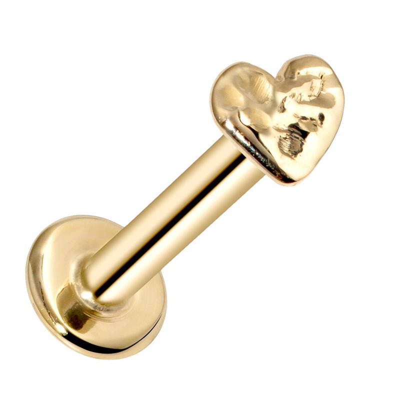 14k yellow gold hammered heart flat back labret showing angled view of 3mm heart charm and disc backing
